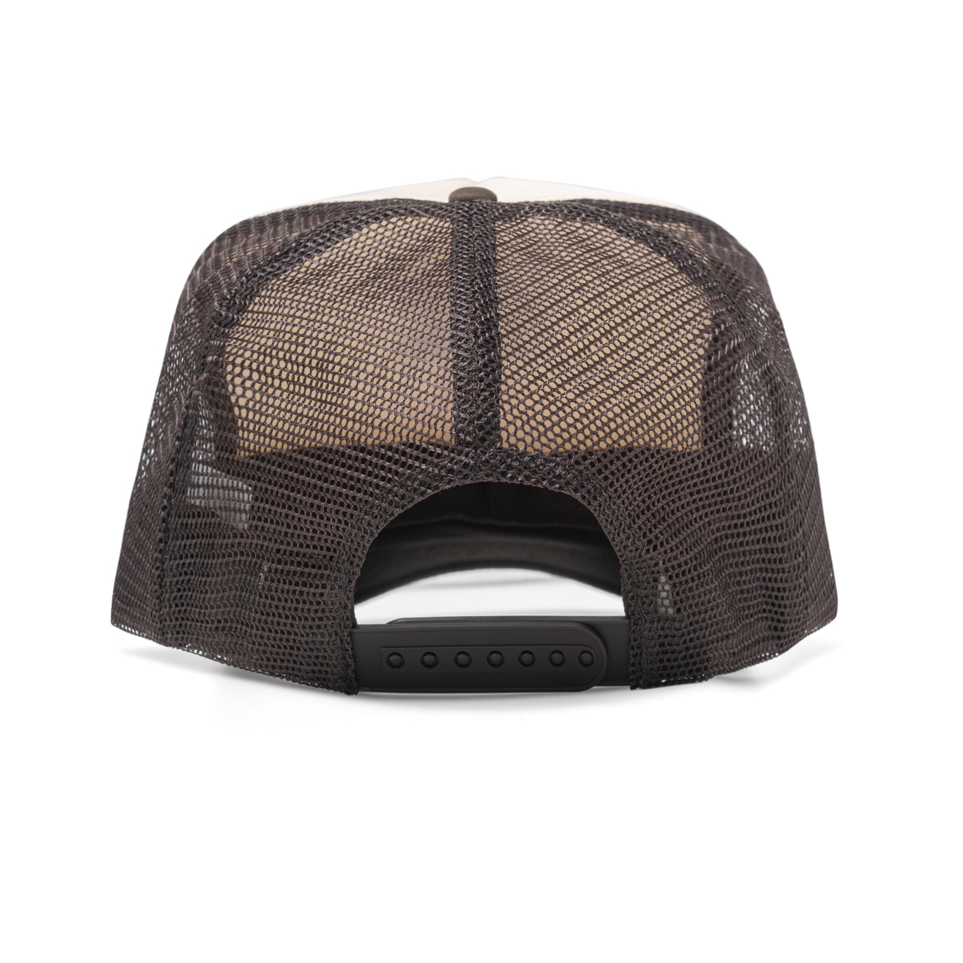  dark brown mesh back of trucker hat with adjustable closure 