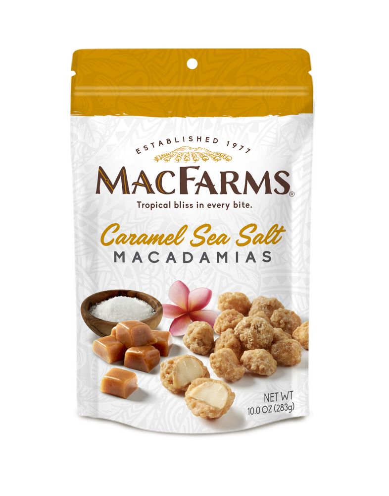 front of caramel sea salt macadamias package
