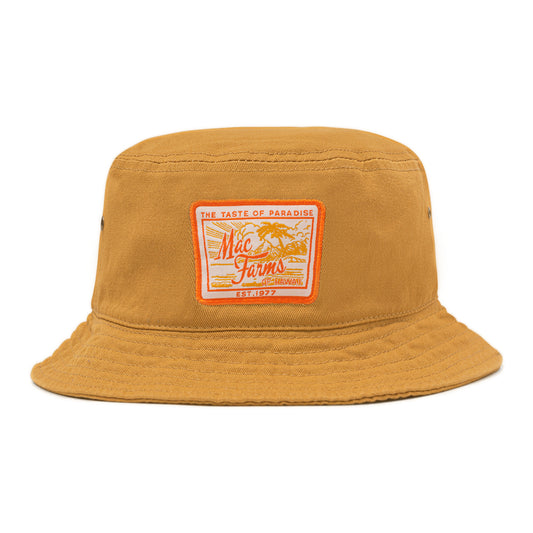 Carmel colored bucket hat with mac farms and beach background patch 