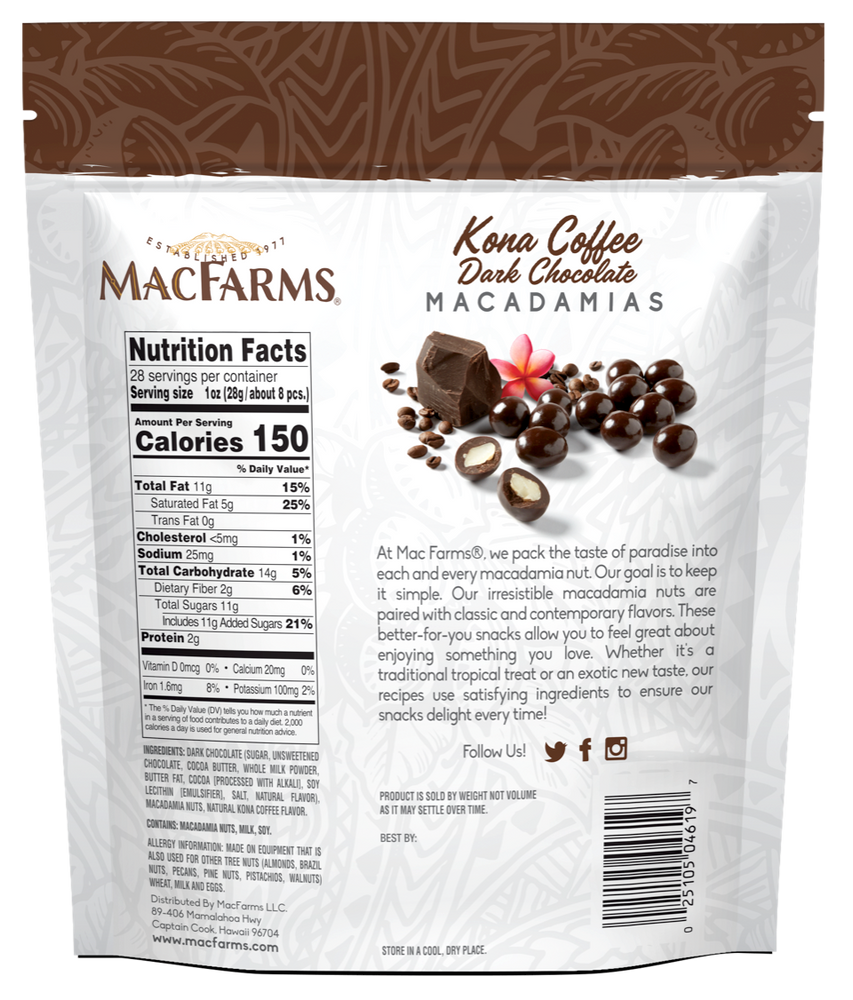 backside of kona coffee dark chocolate macadamias
