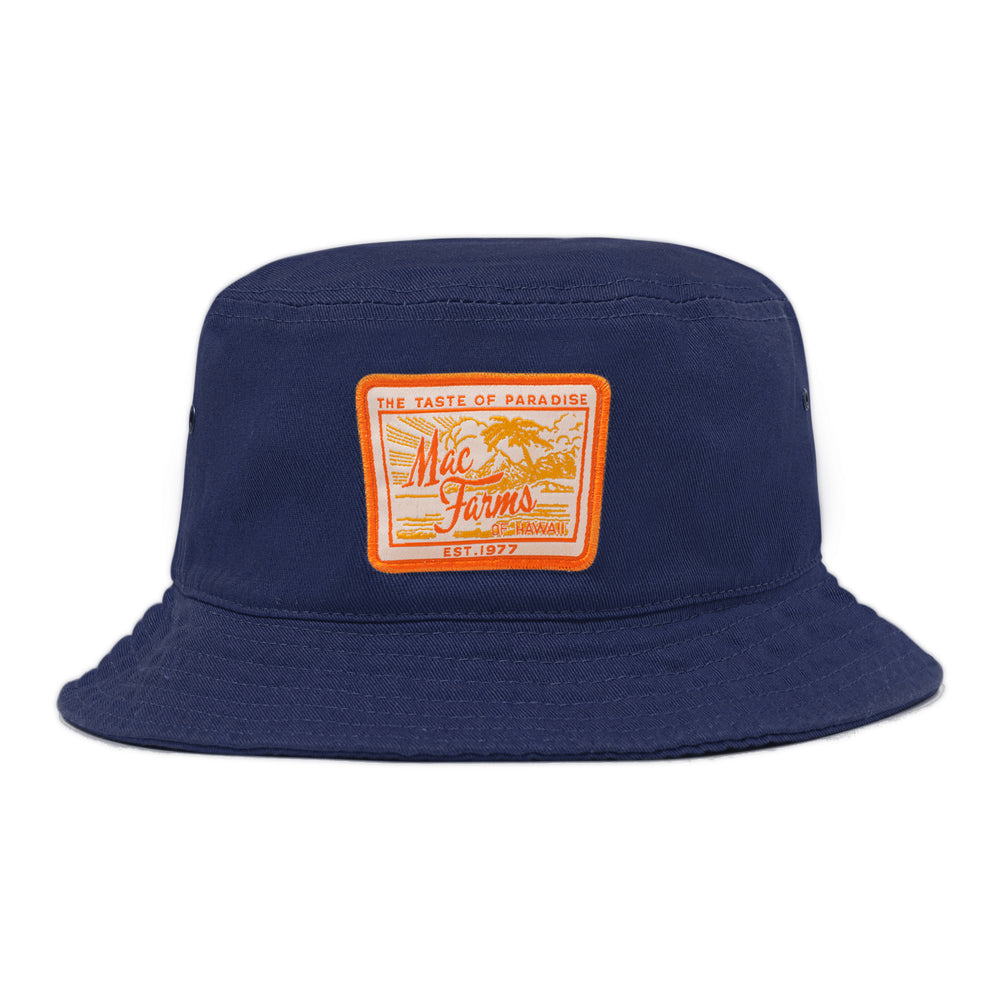 navy bucket hat with mac farms and beach background patch