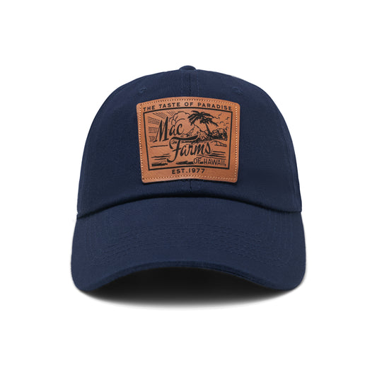front of navy hat with mac farms beach patch