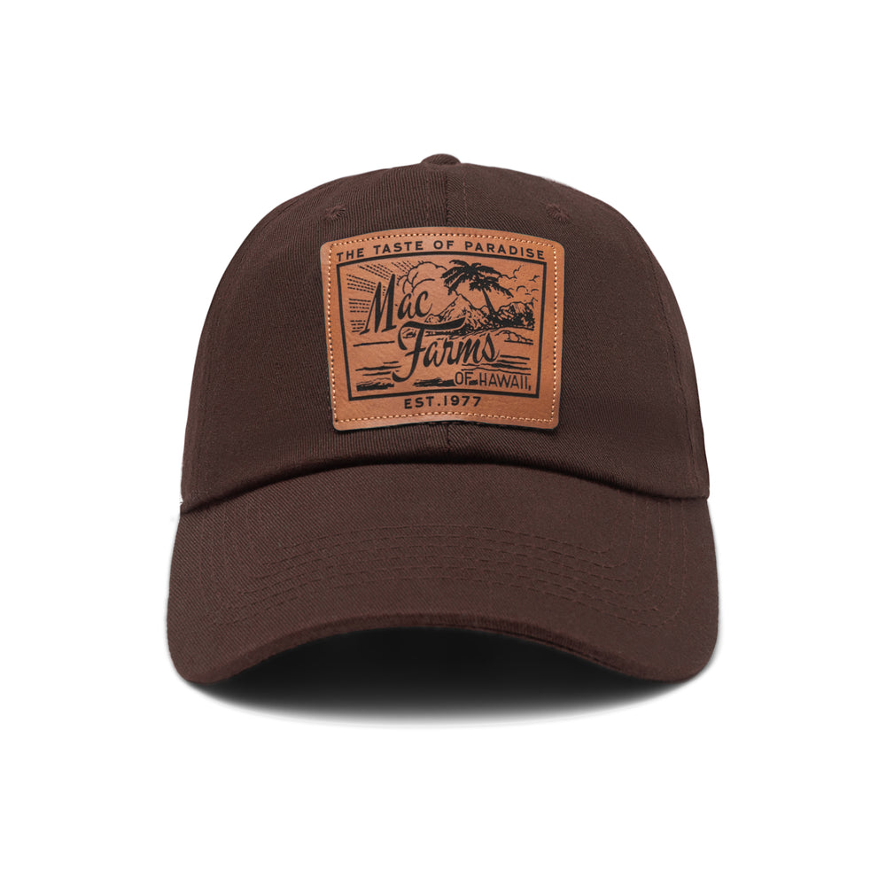 front of brown hat with mac farms beach patch 