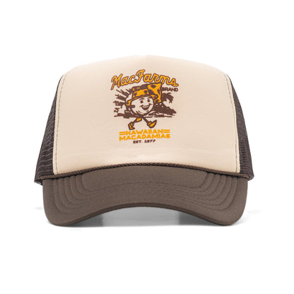 front of mac farms trucker hat with cartoon orchid picker graphic
