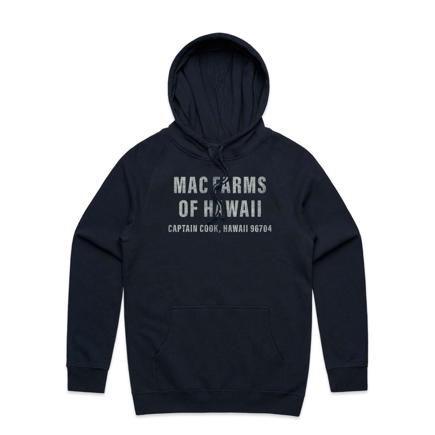 MacFarms Navy hoodie logo with burlap texture