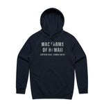 MacFarms Navy hoodie logo with burlap texture