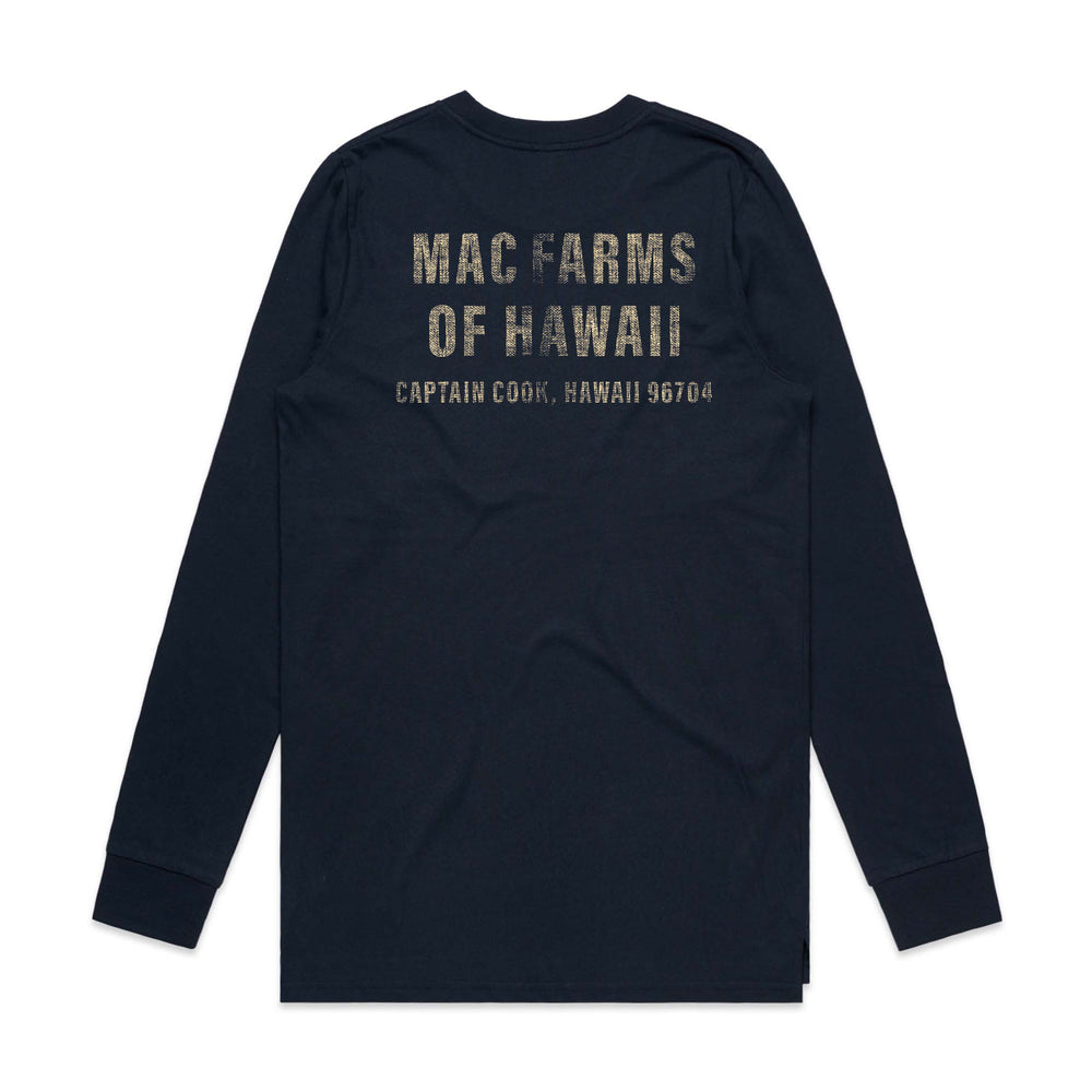 MacFarms navy long sleeve t-shirt with burlap texture logo design