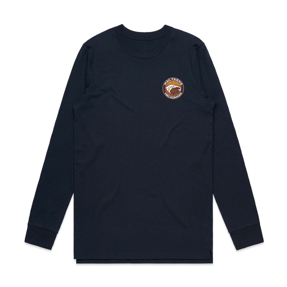 MacFarms Navy long sleeve t-shirt with burlap bag design on pocket