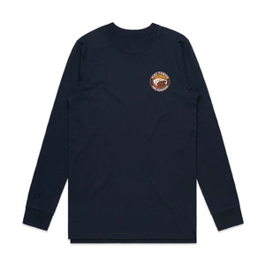 
            
                Load image into Gallery viewer, MacFarms Navy long sleeve t-shirt with burlap bag design on pocket
            
        