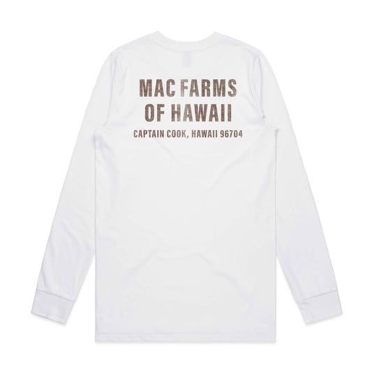 MacFarms white long sleeve t-shirt with logo with burlap texture