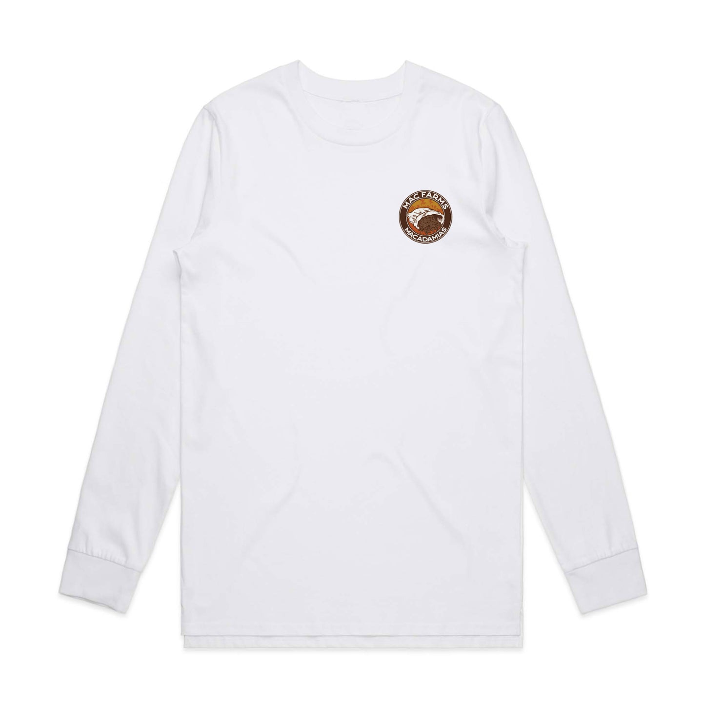 MacFarms white long sleeve t-shirt with burlap sack of macadamias design on pocket 