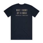 MacFarms navy t-shirt with burlap textured logo