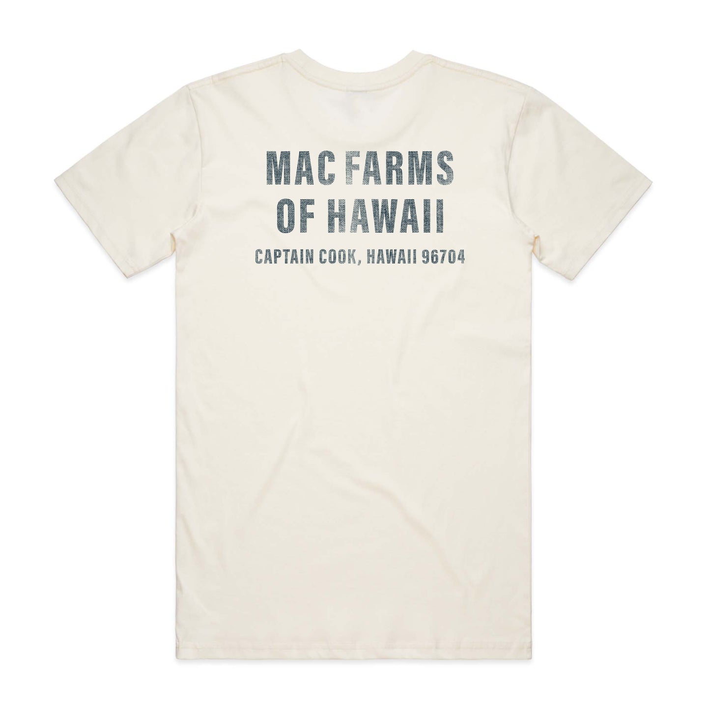 MacFarms vintage white t-shirt with burlap textured logo