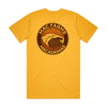 MacFarms gold color t-shirt with burlap sack with macadamia design