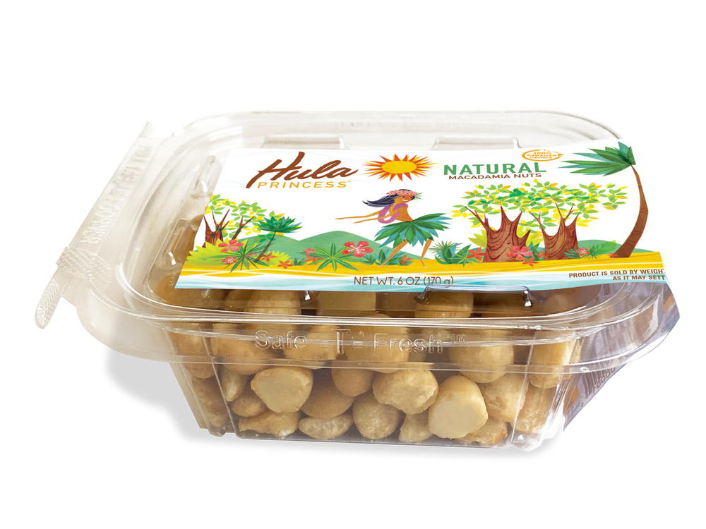 front and side view of hula princess natural macadamia nuts
