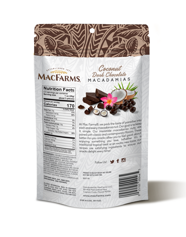 
            
                Load image into Gallery viewer, backside of coconut dark chocolate macadamias - MacFarms
            
        