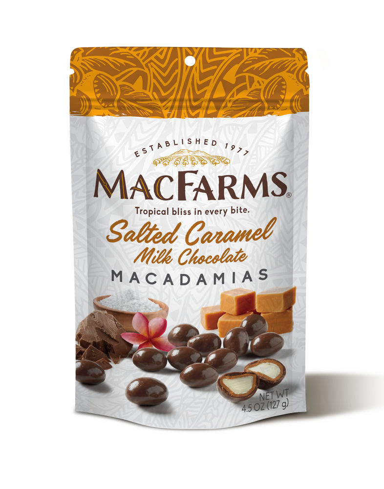 frontside of salted caramel milk chocolate macadamias- MacFarms