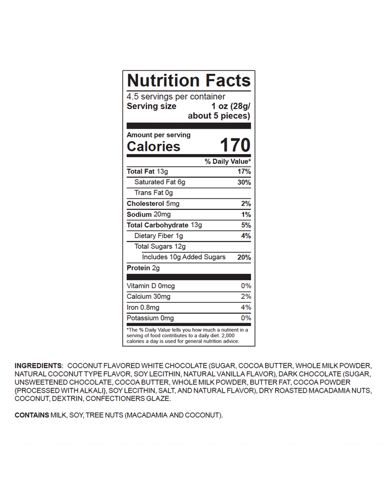 nutrition facts and ingredients of coconut dark chocolate macadamias - MacFarms