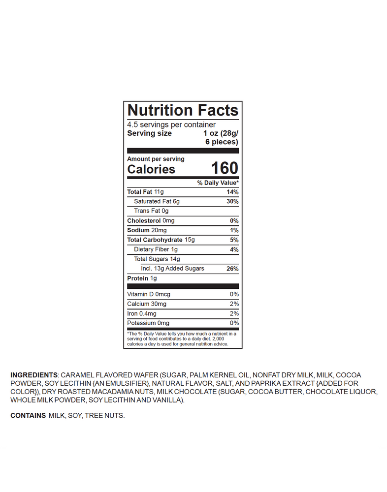 nutrition facts and ingredients of salted caramel milk chocolate macadamias - MacFarms