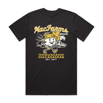 front of t-shirt in black with MacFarms character