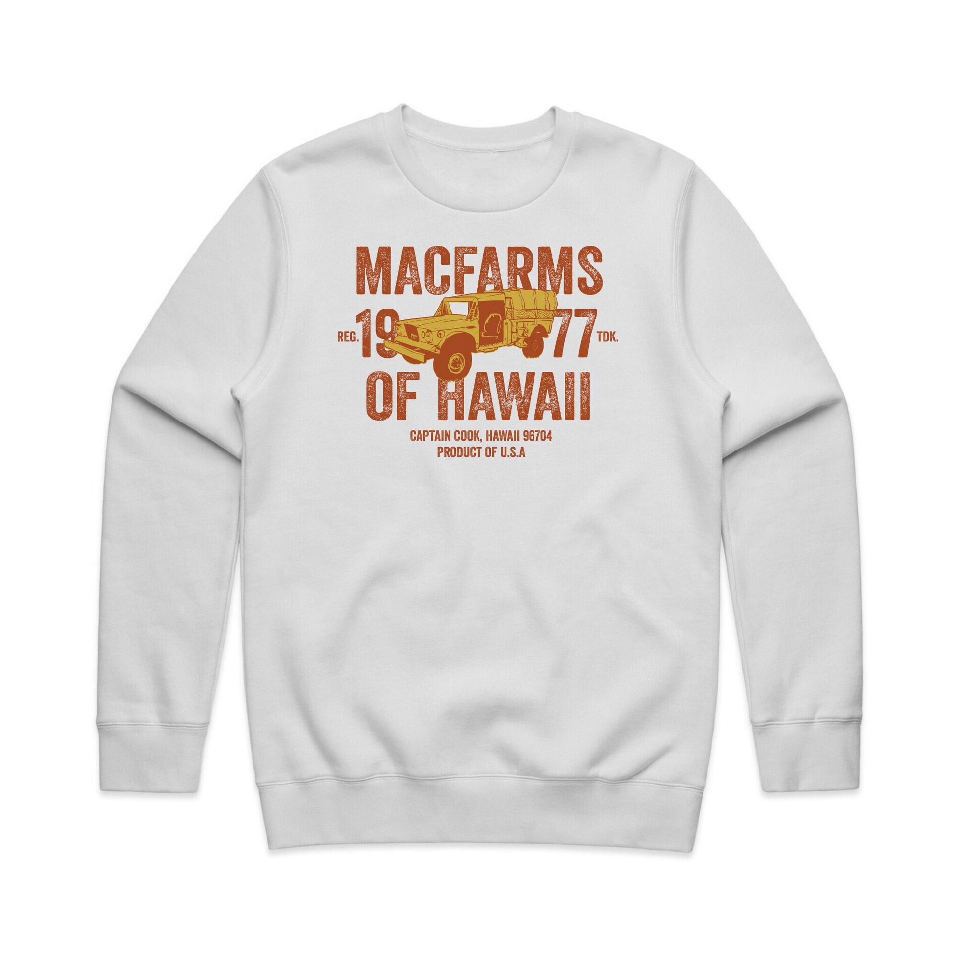 MacFarms white crewneck sweater. MacFarms of Hawaii since 1977