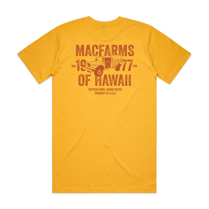 MacFarms mustard color t-shirt with truck graphic