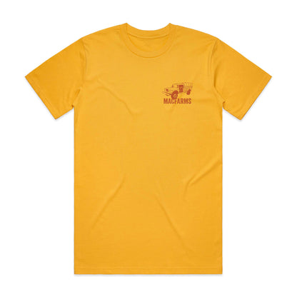 mustard colored t-shirt with struck graphic on pocket 