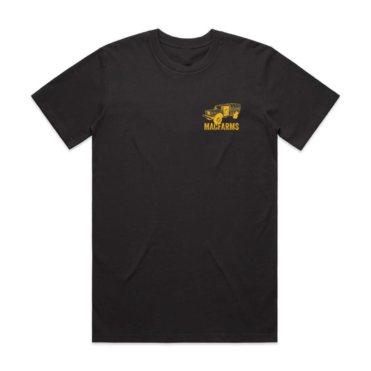 MacFarms vintage black t-shirt with logo and truck graphic on pocket
